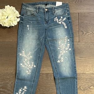 WHBM Women's Girlfriend Distressed Embellished Straight Leg Denim Jeans
